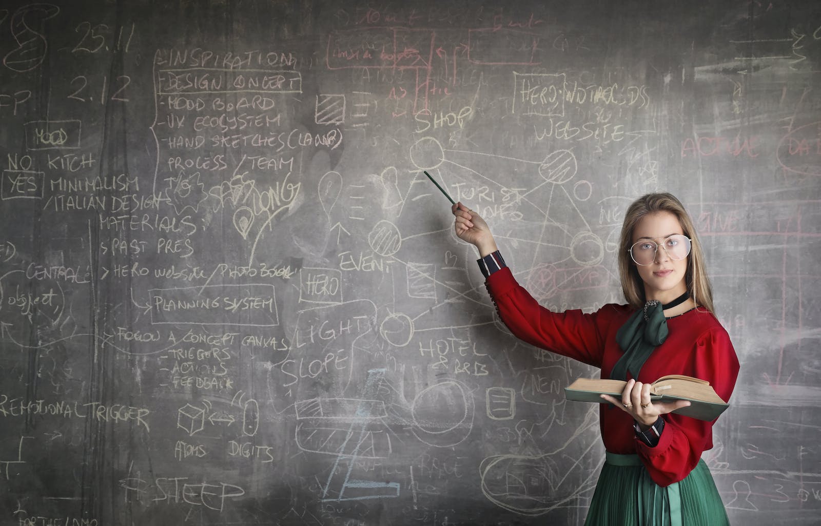 Serious female teacher wearing old fashioned dress and eyeglasses standing with book while pointing at chalkboard with schemes and looking at camera